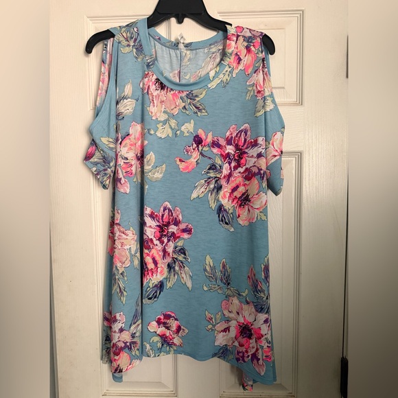 Honeyme Tops - Honeyme Sky Blue Floral Cold-Shoulder Tunic